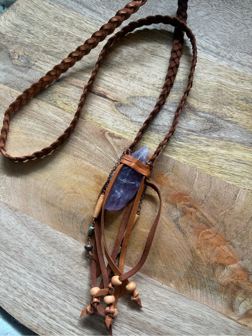 Boho Leather Amethyst Pendant Necklace - Brown